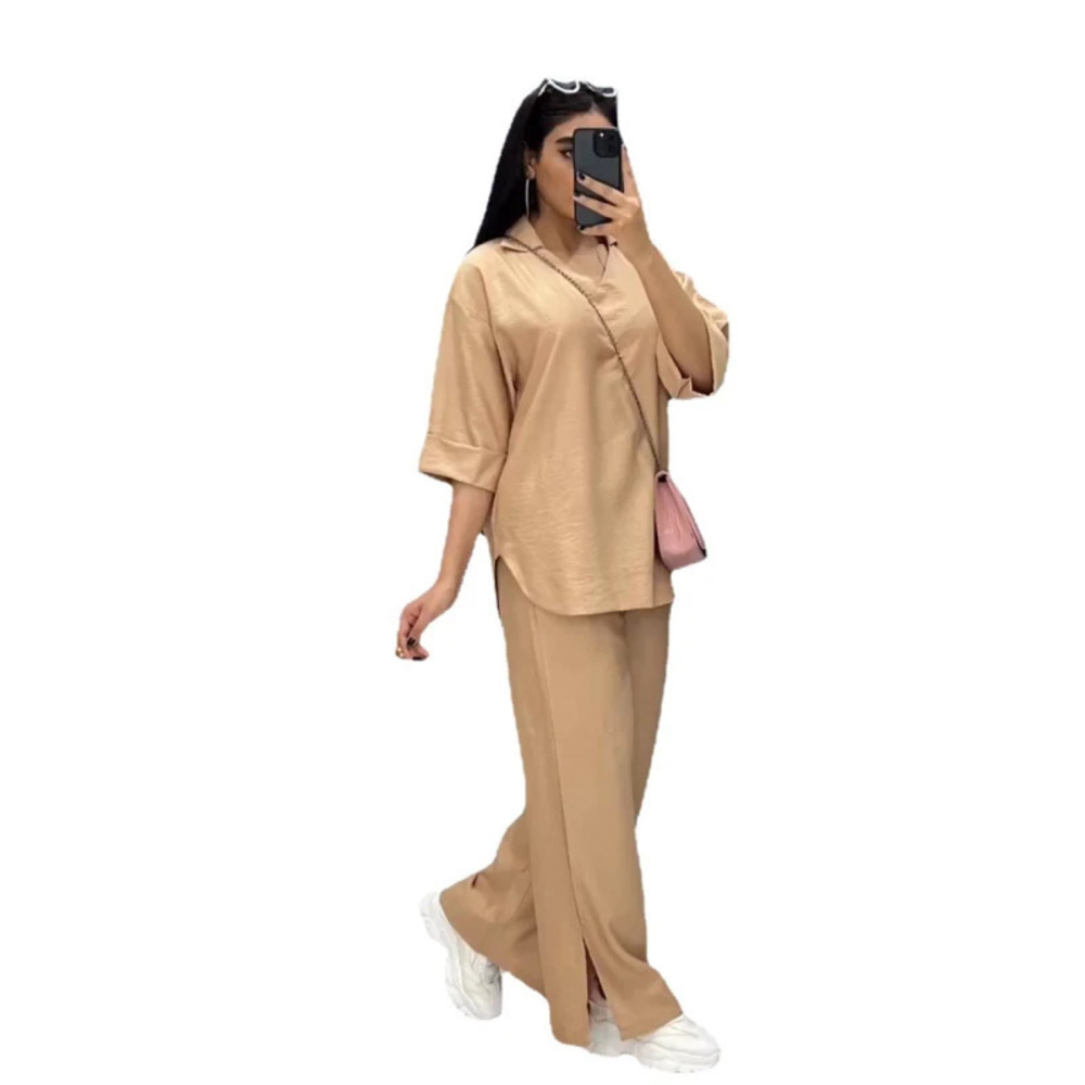 Womens Plus Size Split Hem Wide Leg Pants Set Loose Casual Office Outfit